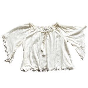 LOVE SHACK FANCY GAUZY SEMI SHEER TASSEL TRIM CREAM TOP BEACHY CHIC BOHO